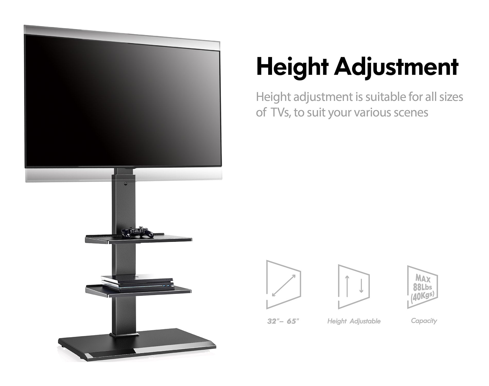 Iron Base Floor TV Stand with Two Shelves S Series 32-65 Inch