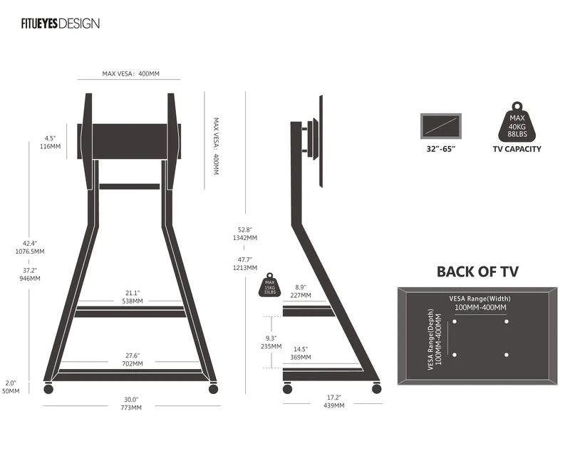 Floor TV Stand With Wheels Eiffel Series 32-65 Inch -Black
